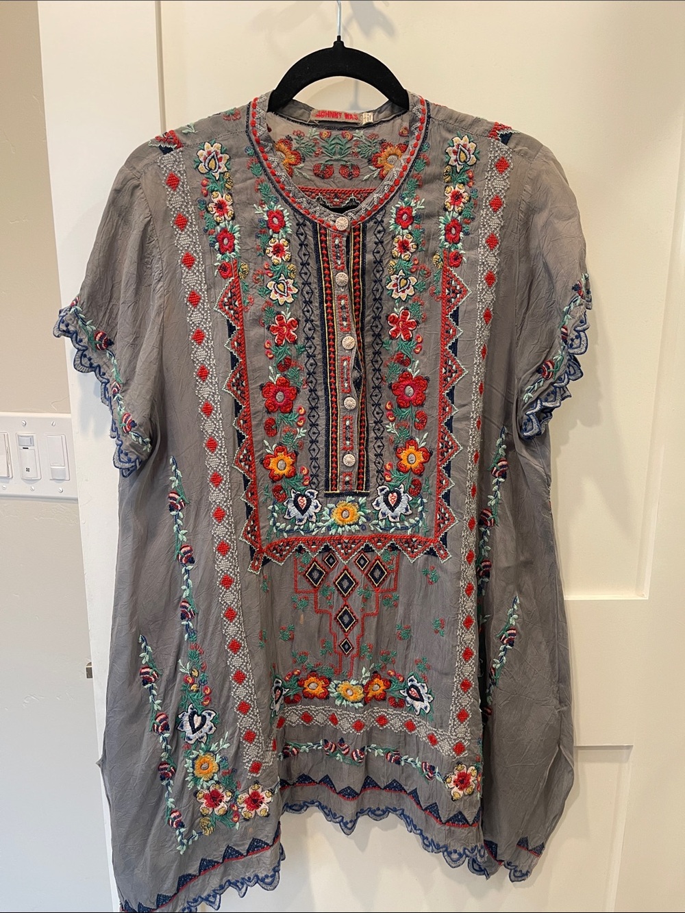 Johnny Was Gray Tunic with Red, Yellow and Teal Floral Embroidery